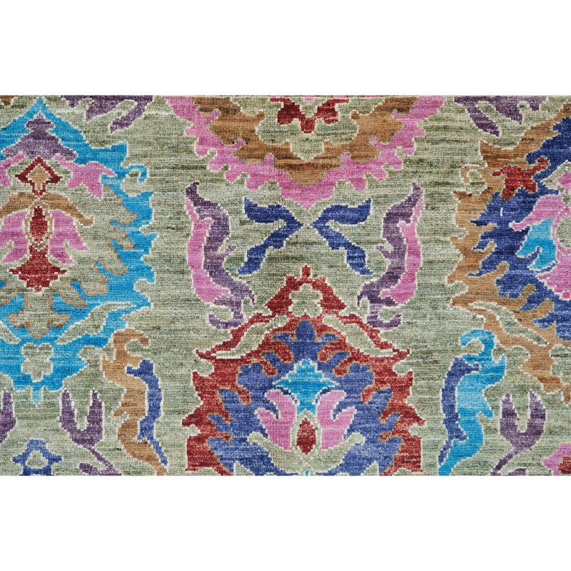 Hand Knotted Wool Area Rug in Green And Purple