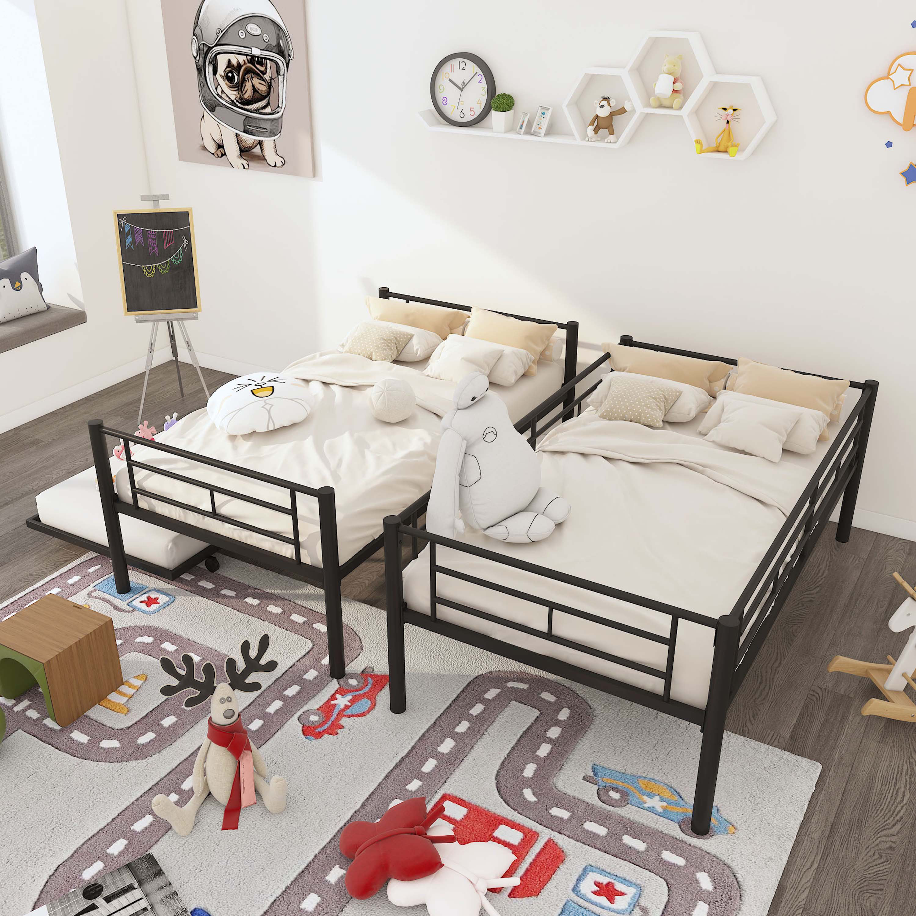 17 Stories Twin Over Twin Metal Bunk Bed Frame with Trundle(Upgrade
