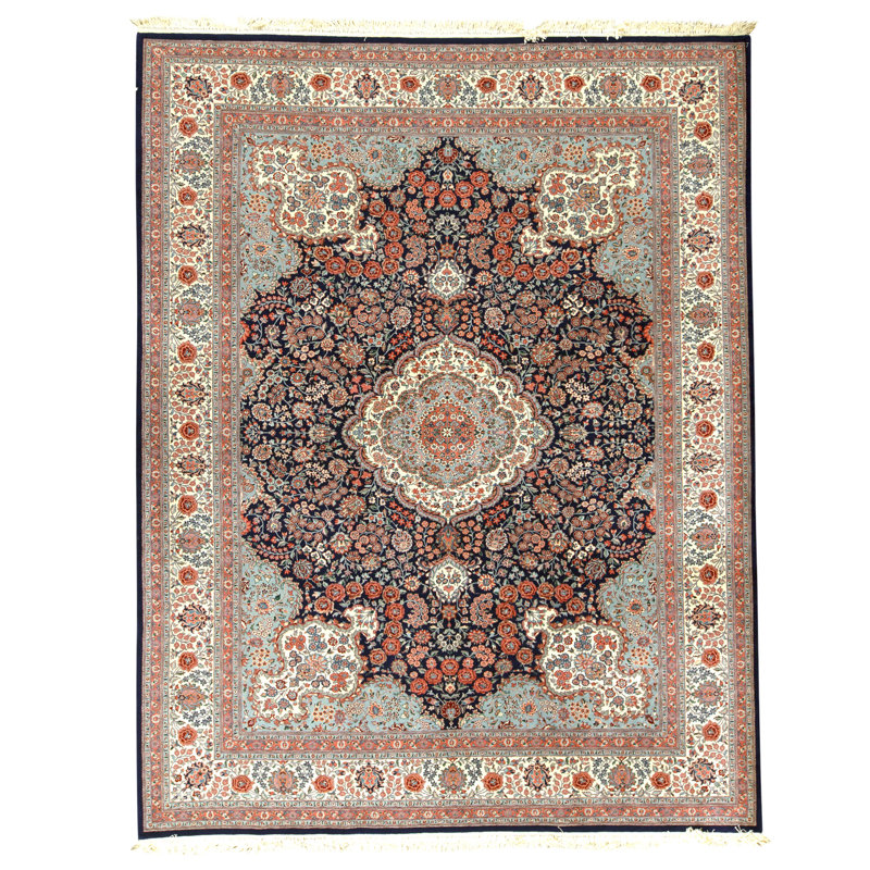 Tapis bleu marine et ivoire de haute qualité noué à la main