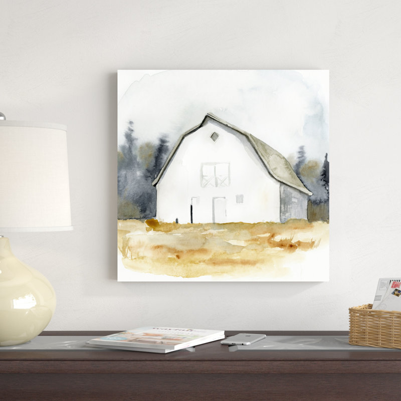 «White Barn Watercolor III» par Victoria Barnes - Peinture, H 20 po x l 20 po, Toile tendue, Non