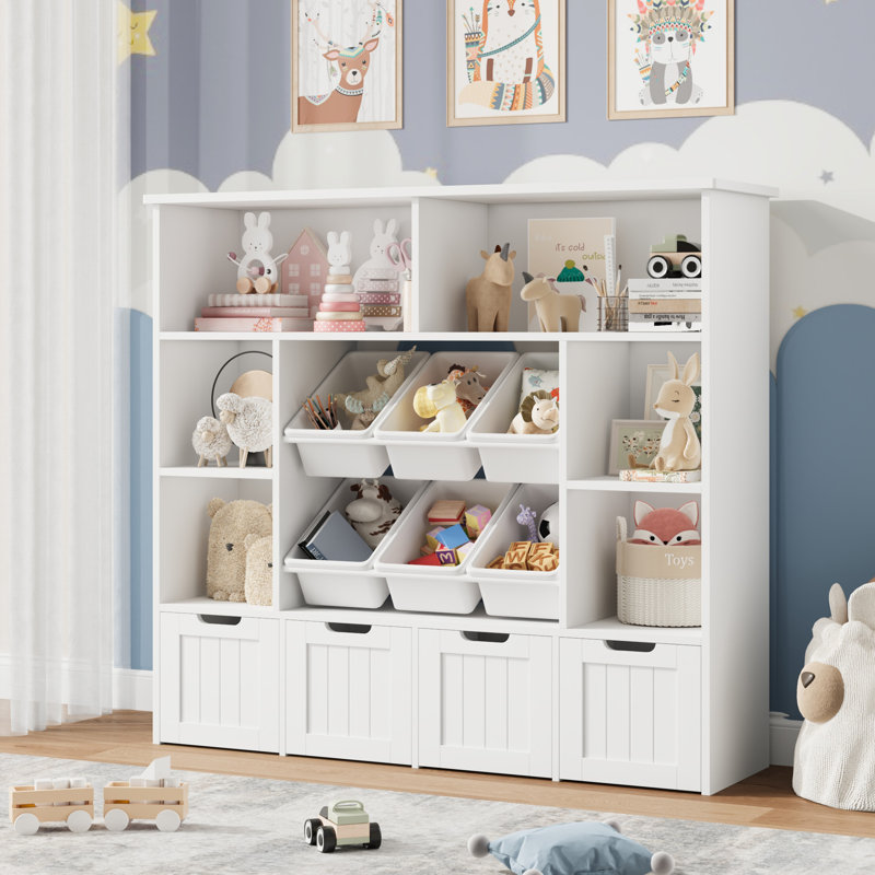 Bibliothèque pour enfants 49,4 W avec 4 tiroirs amovibles, rangement pour cubes, Blanc