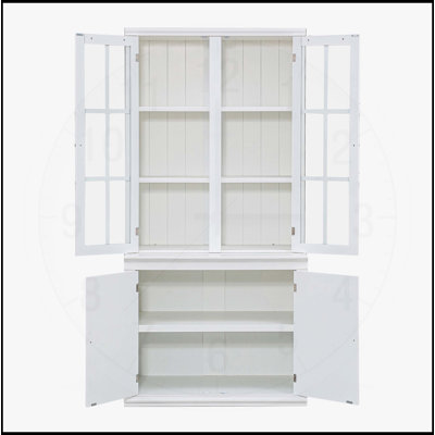 Freestanding Pantry Cabinet with Glass and Solid Doors, Lattice Windows, and Adjustable Shelves for Farmhouse Display and Storage, White