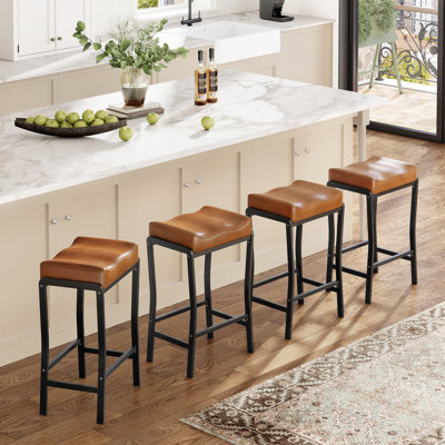 Modern Counter Height Bar Stool 26 Inch – Thick Padded Brown Faux Leather Saddle Seat – Sturdy Black Iron Frame & Footrest – Perfect for Kitchen Island or Dining Room