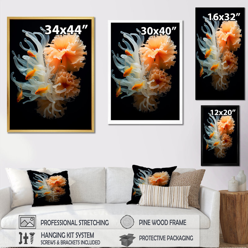 Underwater Vibrant Orange Coral - Reproduction d'art mural plage et océan, Cadre flottant doré, H 44 po x l 34 po x P 1,5 po