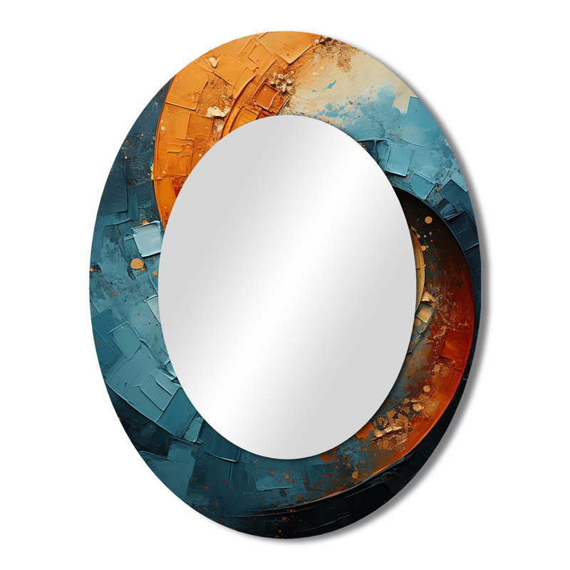 Orange bleu sarcelle abstrait spirales I - grand miroir mural ovale sur métal, 43 po x 33 po