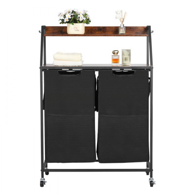 Trieur de linge à 2 niveaux, grand panier à linge avec structure en métal et plateau de table en bois, rangement à 2 sections avec panier à échelle et tablettes en tissu 600D Oxford pour vêtements sales