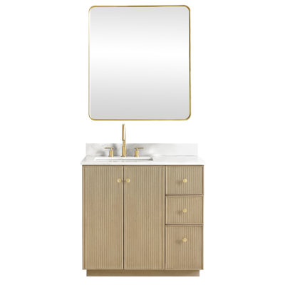 Meuble-lavabo sur pied simple 36 po avec plateau en quartz Calacatta et miroir Rally