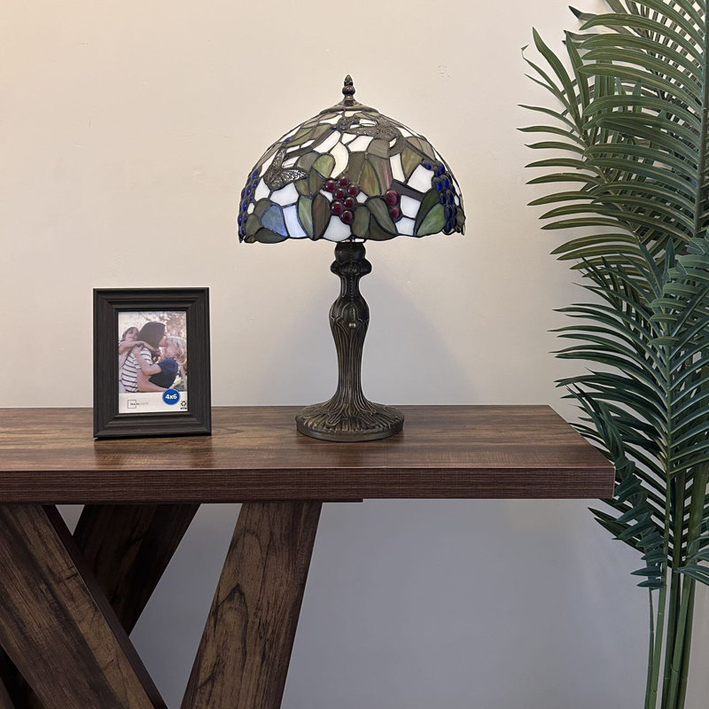 Habiba Tiffany Table Lamp Stained Glass Butterfly Grapes Green Leaves 12"W*12"D*19"H