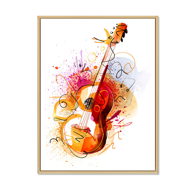Musique, guitare, dessin abstrait - peinture, H 12 po x l 8 po x P 1 po, Cadre naturel flottant