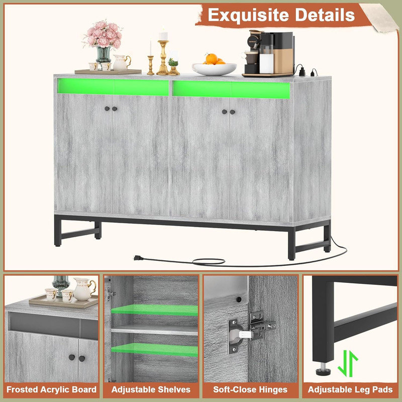 White Oak Sideboard Buffet Cabinet with LED Light and Power Outlet
