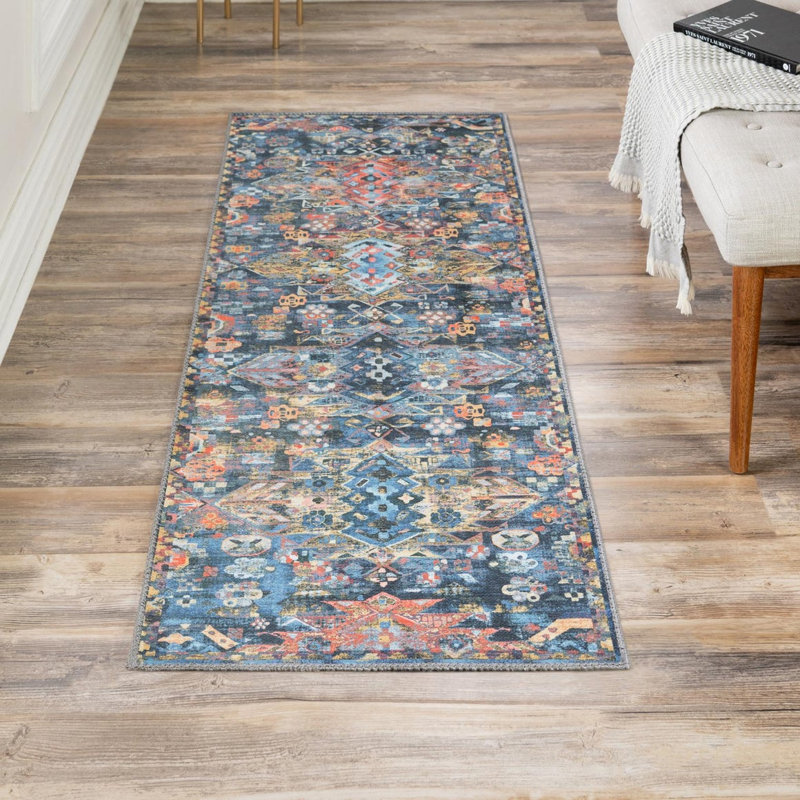 Tapis bleu marine Southwestern / Lodge, Tapis de couloir 2 pi 6 po x 12 pi