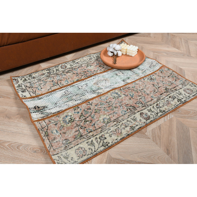 Petit tapis Oushak fait à la main avec motif patchwork de style rustique pour décoration florale