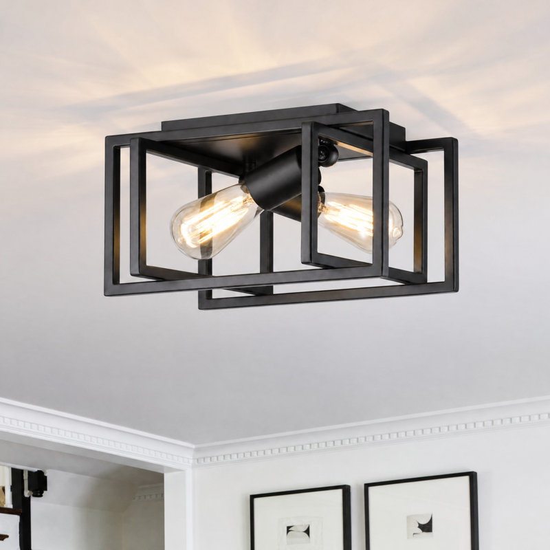 Keion 2 - Light 12" Flush Mount Industrial Ceiling Light with Square Open Frames for 2 Bulbs