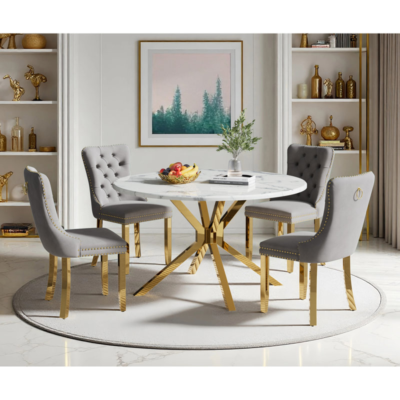 Round Dining Table Set, White Marble Dining Table & Velvet Dining Chairs with Stainless Steel Pedestal, 45" Dining Room Table and Chairs Set, Luxury Dining Table Set