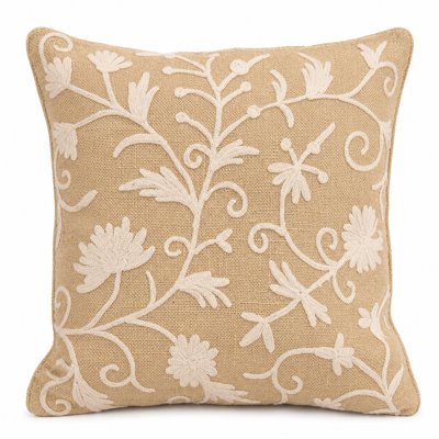Vine Embroidered Feather Linen Reversible Throw Pillow