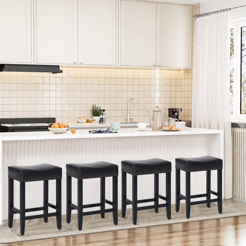 Backless Saddle Upholstered 26" Counter Stool with Wood Frame, Gray, Black PU Leather