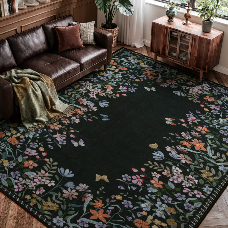     Tapis floral noir lavable 8 x 10 avec envers antidérapant Floral, Rectangulaire 8 pi x 10 pi