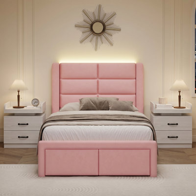 Structure de lit tapissier en similicuir avec tête de lit + table de chevet à 2 tiroirs avec station de charge, ports et prises USB, ensemble complet de chambre à coucher 3 pièces