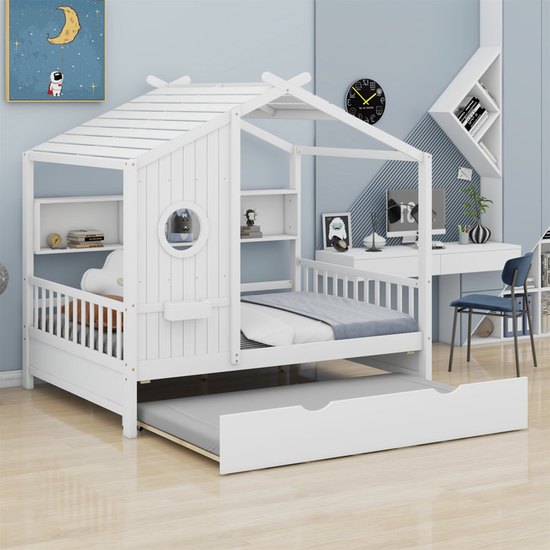 Lit de maison en bois avec lit gigogne, conception moderne pour enfants avec tablette de rangement