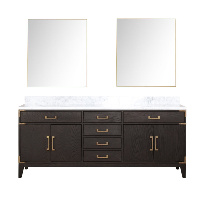Miroirs de salle de bain double l 80 po x P 22 po Laurel, Marbre de Carrare blanc, Chêne blanc