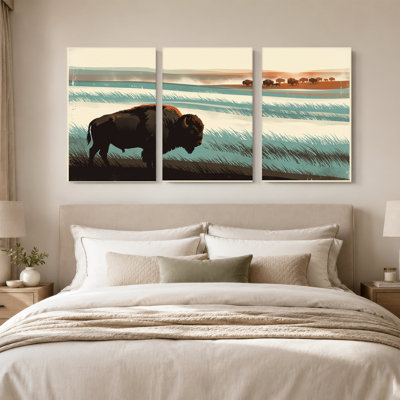 Ensemble de 3 reproductions d'art sur toile Vintage Bison Herd in Teal and Brown Prairie