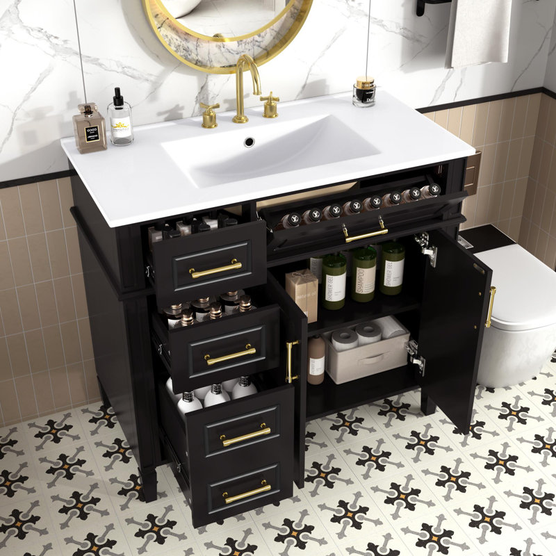 Meuble-lavabo avec poignées en métal doré, Noir