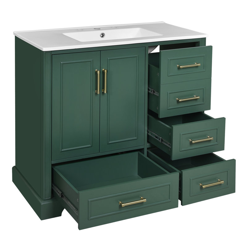 36'' Single Bathroom Vanity With Ceramic Top, Green, Gold