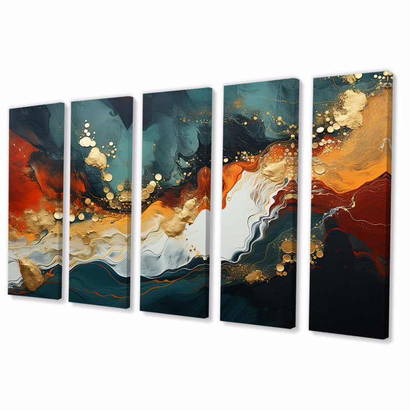 «Blue and Golden Marble Storm III», ensemble de 5 peintures murales abstraites, H 32 po x l 80 po