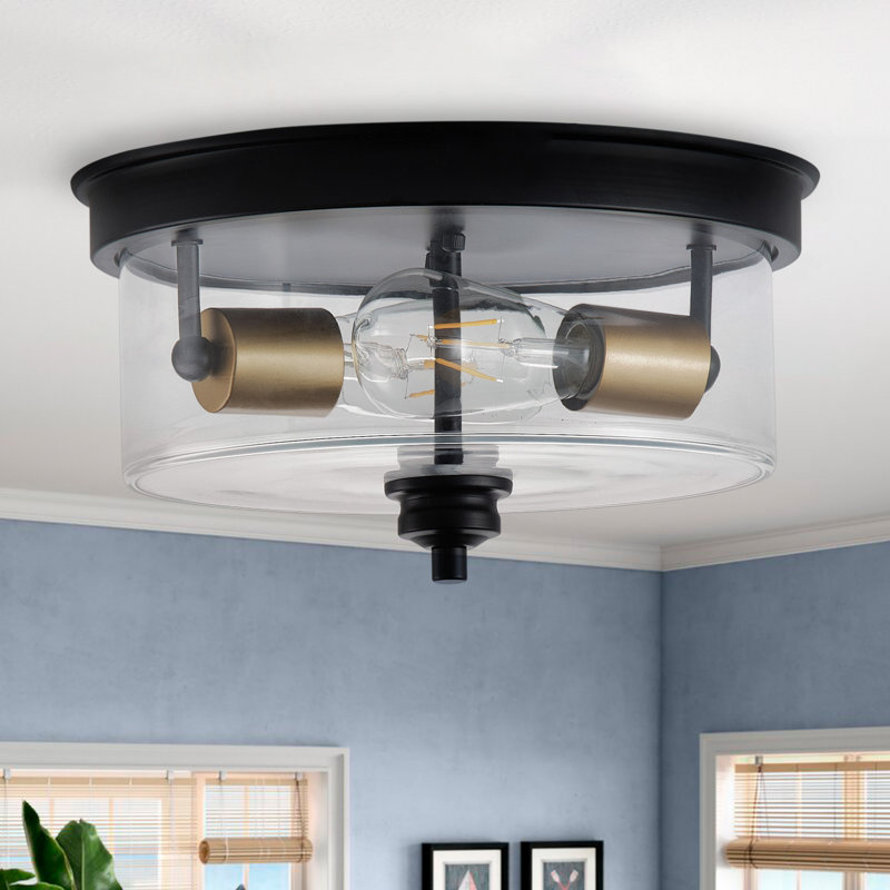 Plafonniers cylindriques en fer noir mat à 2 lumières de style moderne en verre noir d'Iggy