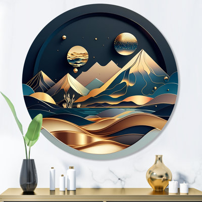 Dreamy Golden Mountain I - Abstract Marble Round Wall Art on Metal