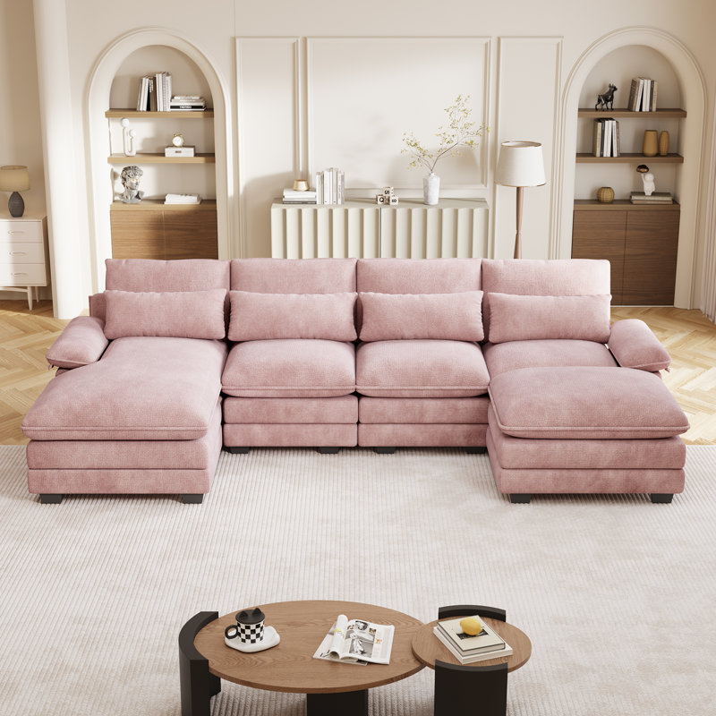  Canapé modulaire surdimensionné en U de 113 po de large avec accoudoirs larges, Chenille rose