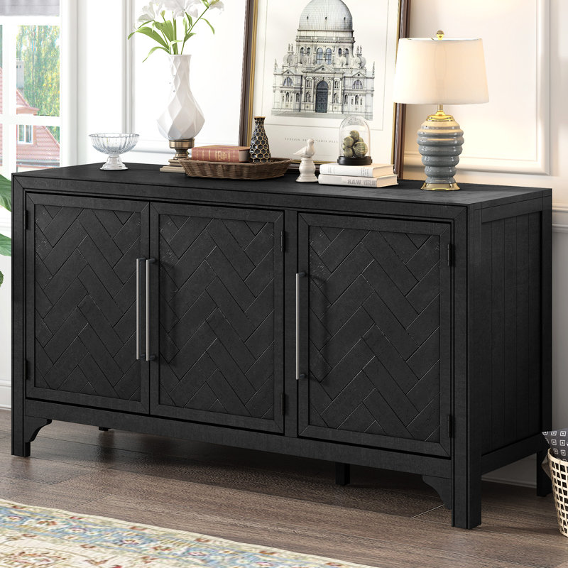 Buffet de style en U avec + bois de pin, tablettes réglables pour organiser des articles de maison dans les salons