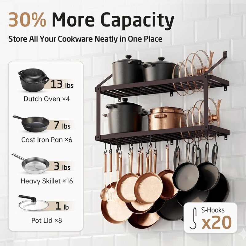 Support mural robuste pour casseroles avec porte-couvercles, finition bronze huilé