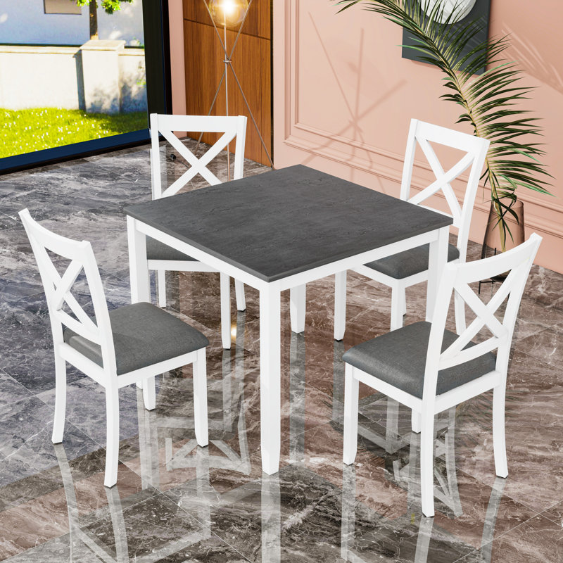 Ensemble de table de salle à manger 5 pièces avec 4 chaises rembourrées, Blanc, Blanc / Gris, Gris