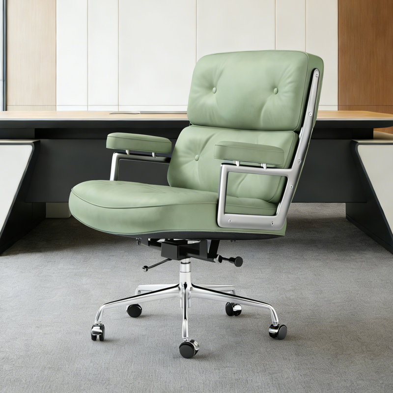 Mid Back Genuine Leather Executive Office Chair With Aluminum Frame, Swivel Computer Desk Chair, Genuine Leather Green
