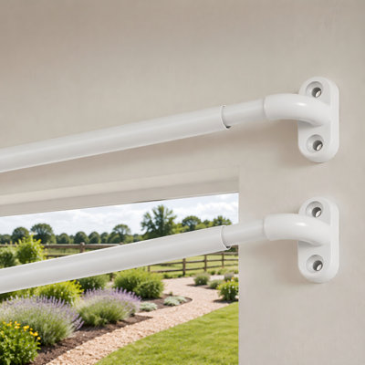 White 2 Pack door sash curtain rods adjust from 30-40 Inch with a 3/8" diameter, using a wrap-around design and screw mounting for door windows and home decor.