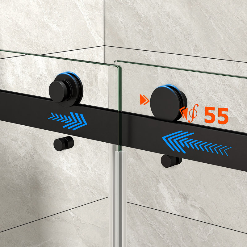 55-60"w X 76"h Frameless Double Sliding Matte Black Shower Door With Adjustable Soft Closing Function, 5/16" (8mm) Sgcc Tempered Clear Glass, Nano Easy Cleaning & Self-adhesive Explosion-proof Membrane