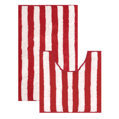 2 Piece Set Red Stripe Soft Cozy Plush Chenille Bath Mat Bathroom Rug