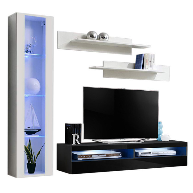 Lineberry 85" Modern Floating Wall Mounted Entertainment Center with 16-Color LED Lighting, High Gloss Finish, White/Black