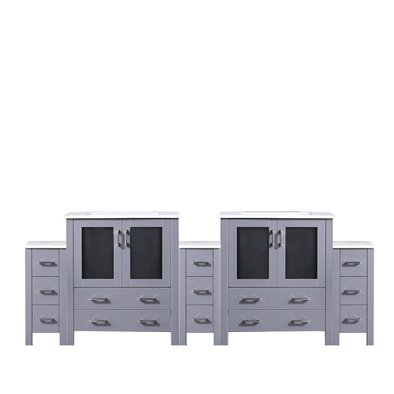 A 96 po W Double meuble-lavabo gris foncé avec armoires latérales, comptoir en céramique blanche, structure en bois massif, mécanisme de fermeture en douceur, deux armoires intérieures et treize tiroirs pour un grand rangement