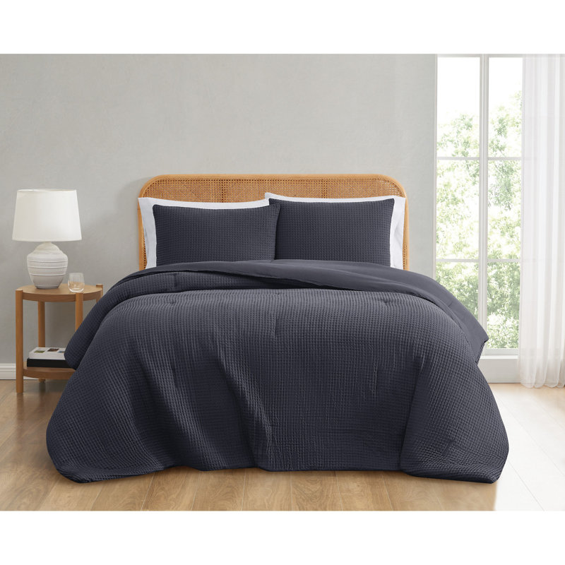 Textured Waffle Weave Comforter Set, Queen Comforter +2 Standard Shams, Charcoal Gray