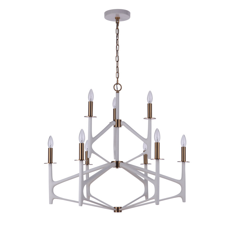 Lustre à niveaux unique 9 lumières, Blanc mat / laiton satiné