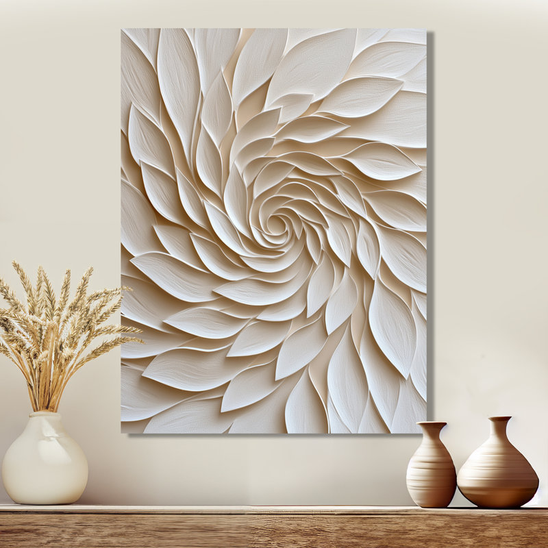 White And Cream Floral Spiral - Botanicals Metal Wall Decor, Modern Metal Print, 44" H x 34" W x 0.84" D