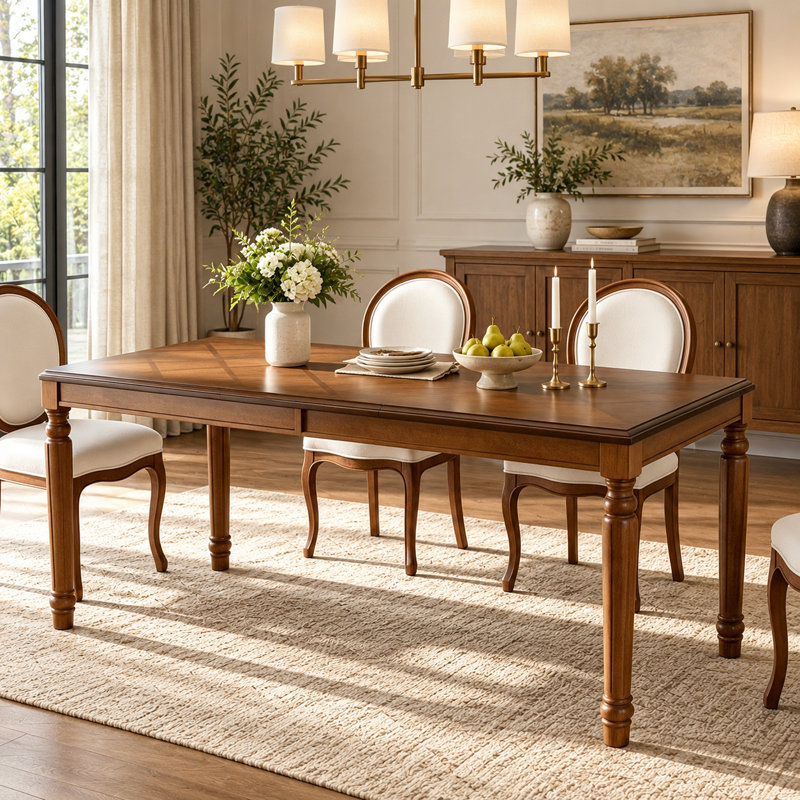 Table de salle à manger rectangulaire traditionnelle de 200 cm (79 po) avec pieds en bois massif tourné et plateau en parquet