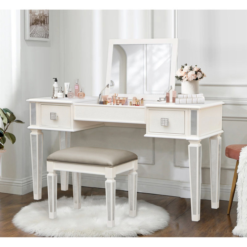 Bedroom Dressing Table With Mirror - Mirrored Makeup Vanity Easy-maintain And Piece Desk For Stool Easy Paint Surface