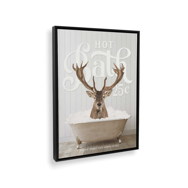 «Deer Hot Bath» par lettrage et doublure, 18 W x 24 H, Noir, Toile avec cadre
