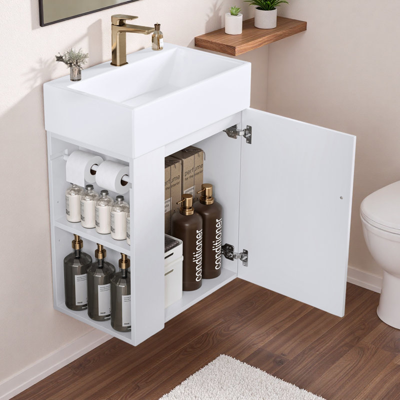 Meuble-lavabo de salle de bain avec lavabo en céramique, porte à motif de losanges, poignée dorée, tablettes de rangement latérales et barre à serviettes intégrée