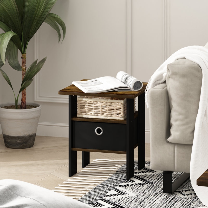 Stanbridge Side Table Nightstand with Fabric Storage Bin, Amber Pine/Black