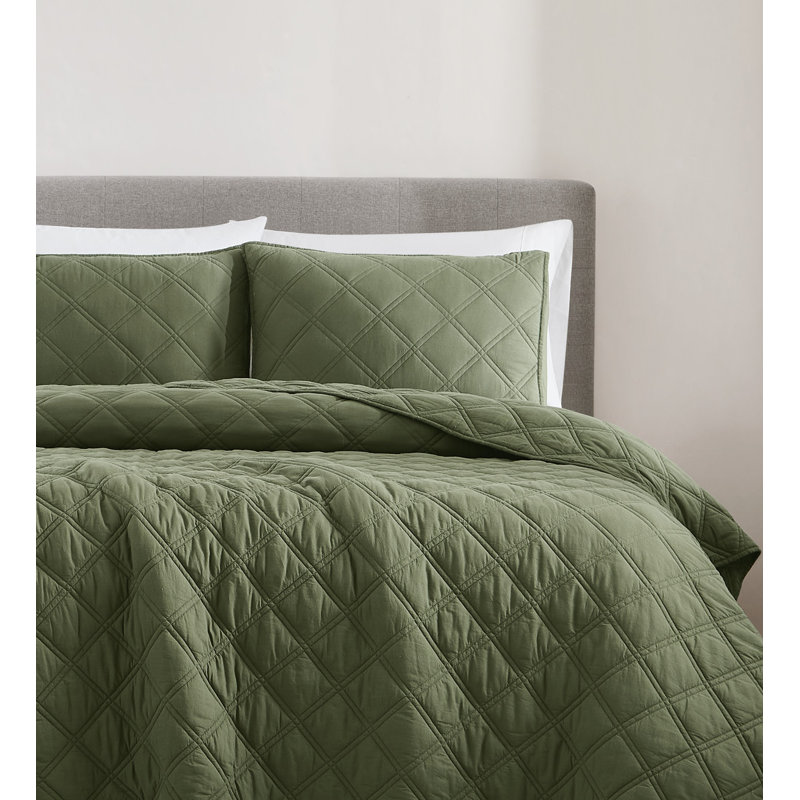Brooklyn Loom Diamond Washed Cotton Quilt Set, Green, Queen Quilt  + 2 Shams