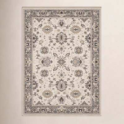Abena Beige Gray Bordered Oriental Wool Rug